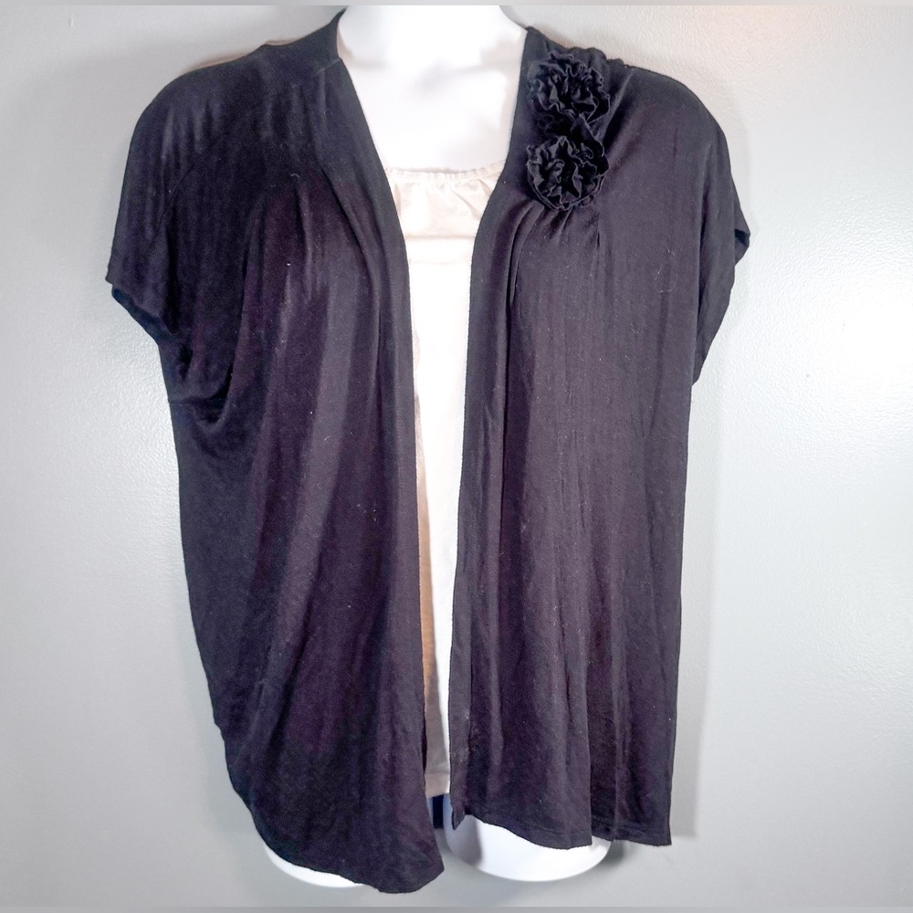 Elena Solano Black Open Front Rosette Cardigan 3X Plus Size Short Sleeve Layer - Picture 5 of 10
